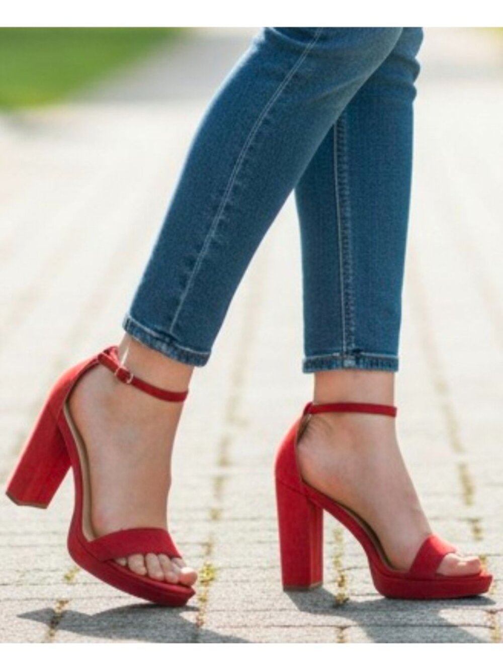 Red Suede Ankle Strap High Block Heel Sandals For Women